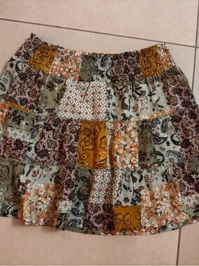 Joe Benbasset Patchwork Floral Paisley Mini Skirt in Olive, Mustard & Brown